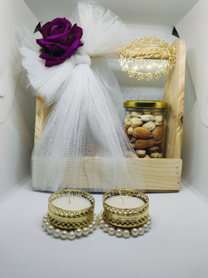 Decorative wooden tray with happy Diwali tag